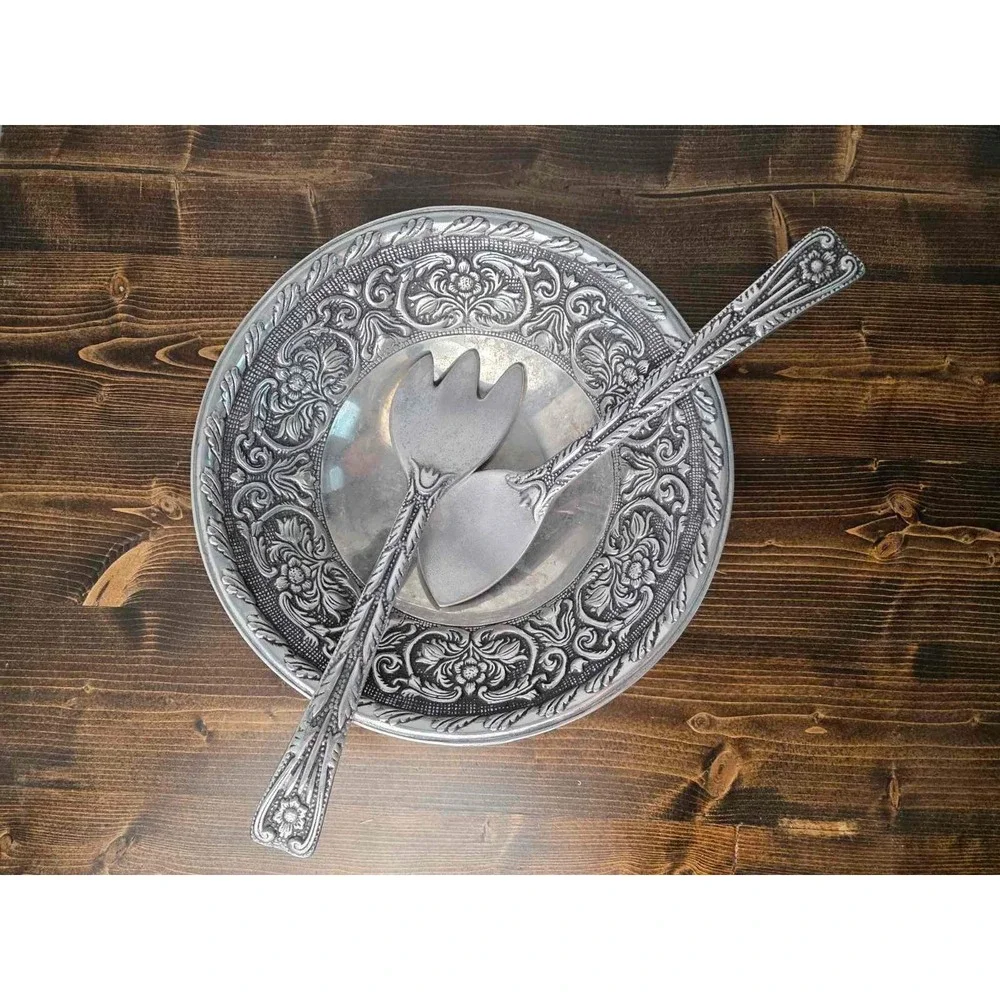 Wilton Armetale William & Mary Metal Salad Serving Bowl w/Fork‎ and Spoon Floral